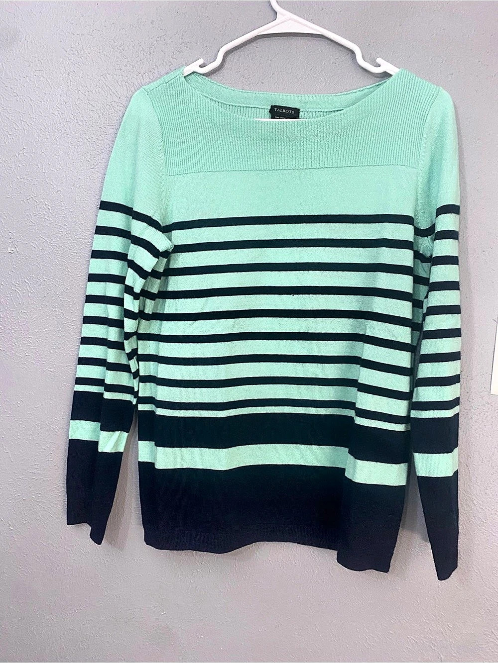 TALBOTS SWEATER STRIPED LONG SLV BOAT NECK NAVY BLUE/GREEN 100% MERINO WOOL M